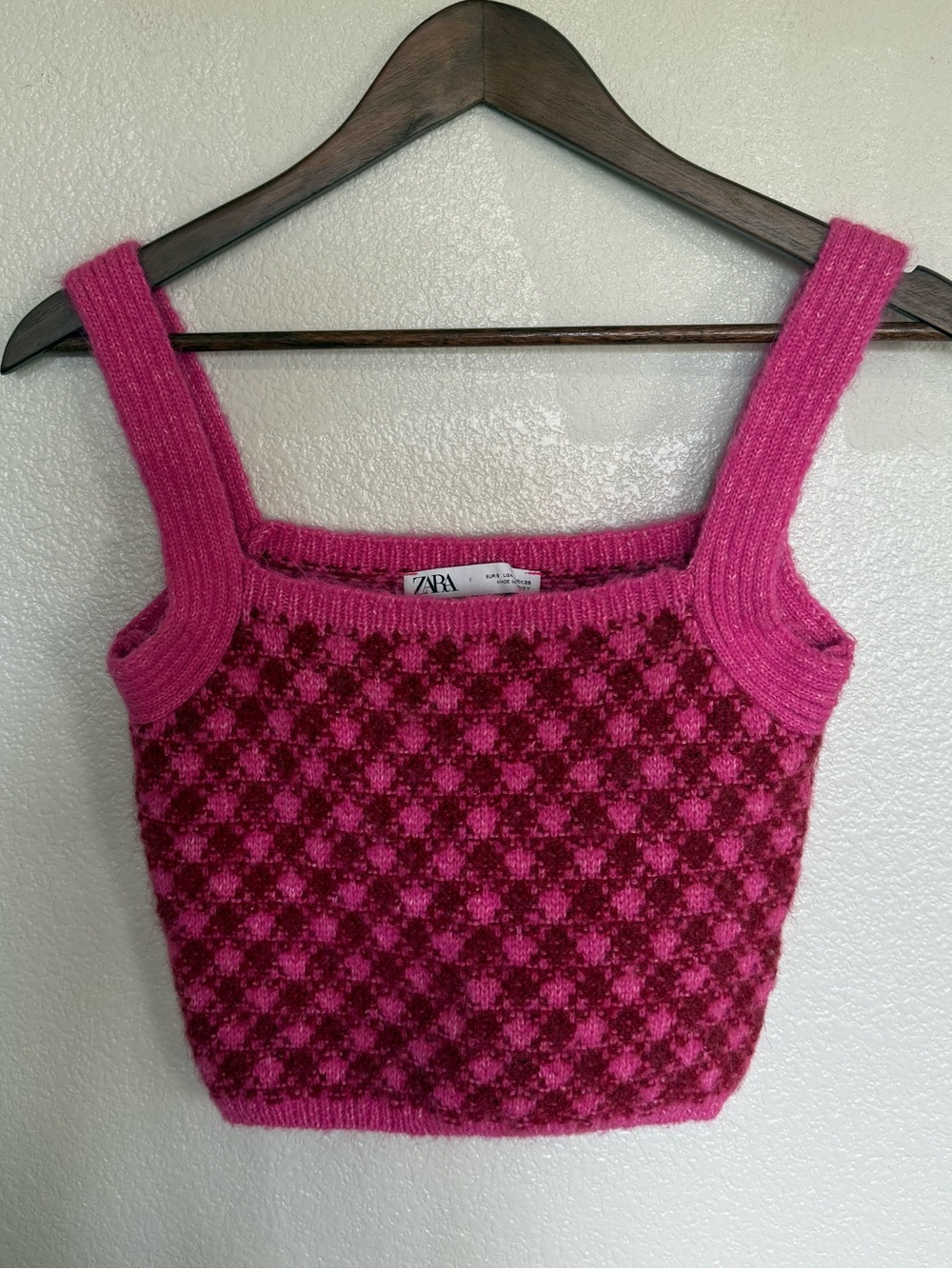 💗Zara Hot Pink Knit Checkered Cropped Tank